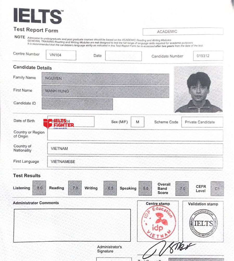 học vi&ecirc;n IELTS Fighter Bắc Ninh - bảng điểm Mạnh h&ugrave;ng 7.0 IELTS