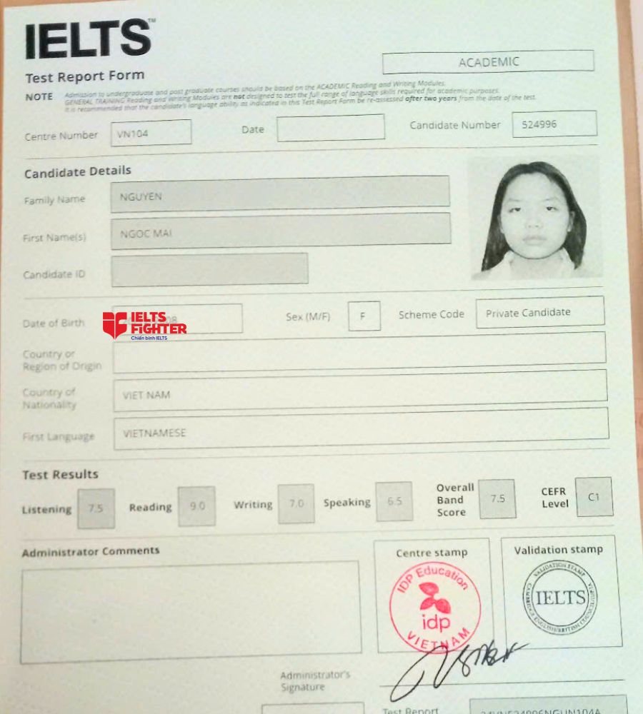 Chứng chỉ Nguyễn Ngọc Mai &nbsp; 7.5&nbsp;IELTS