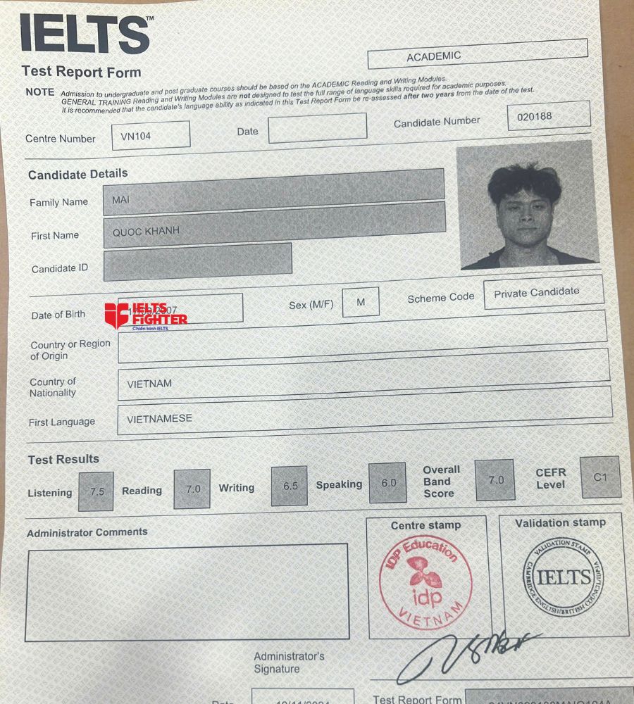 Chứng chỉ Mai Quốc Kh&aacute;nh 7.0 IELTS