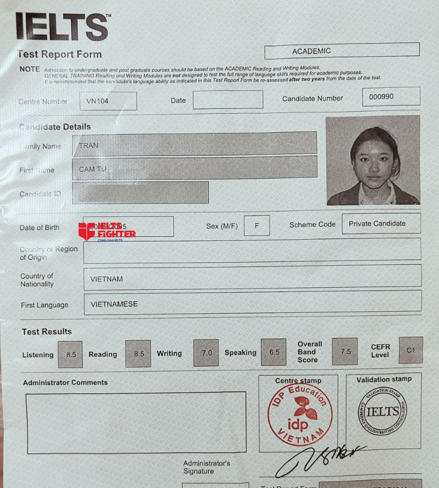 học vi&ecirc;n IELTS Fighter Bắc Ninh - bảng điểm cẩm t&uacute; 7.0 IELTS