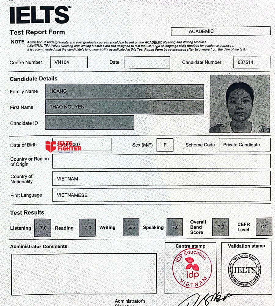 Chứng chỉ Ho&agrave;ng Thảo Nguy&ecirc;n 7.5 IELTS