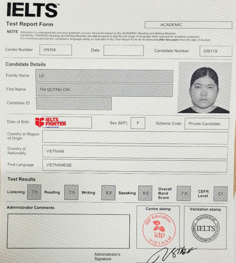 Chứng chỉ L&ecirc; Thị Quỳnh Chi 7.5 IELTS