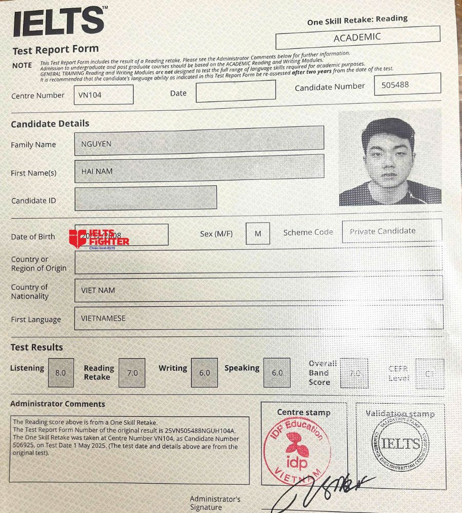 Chứng chỉ Nguyễn Hải Nam 7.5 IELTS