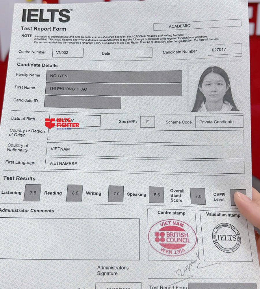 Chứng chỉ Nguyễn Thị Phương Thảo 7.0 IELTS