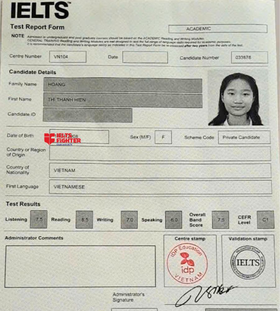 Chứng chỉ Ho&agrave;ng Thị Thanh Hiền 7.5 IELTS