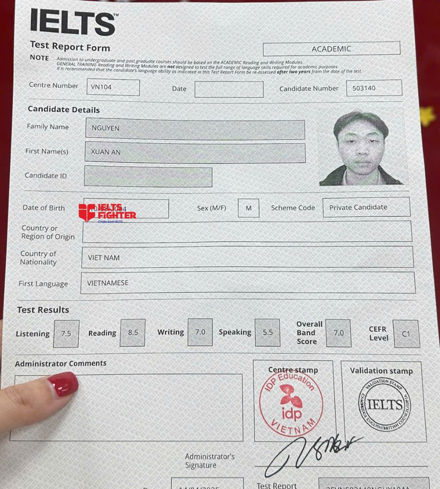 Chứng chỉ Nguyễn Xu&acirc;n An 7.0 IELTS