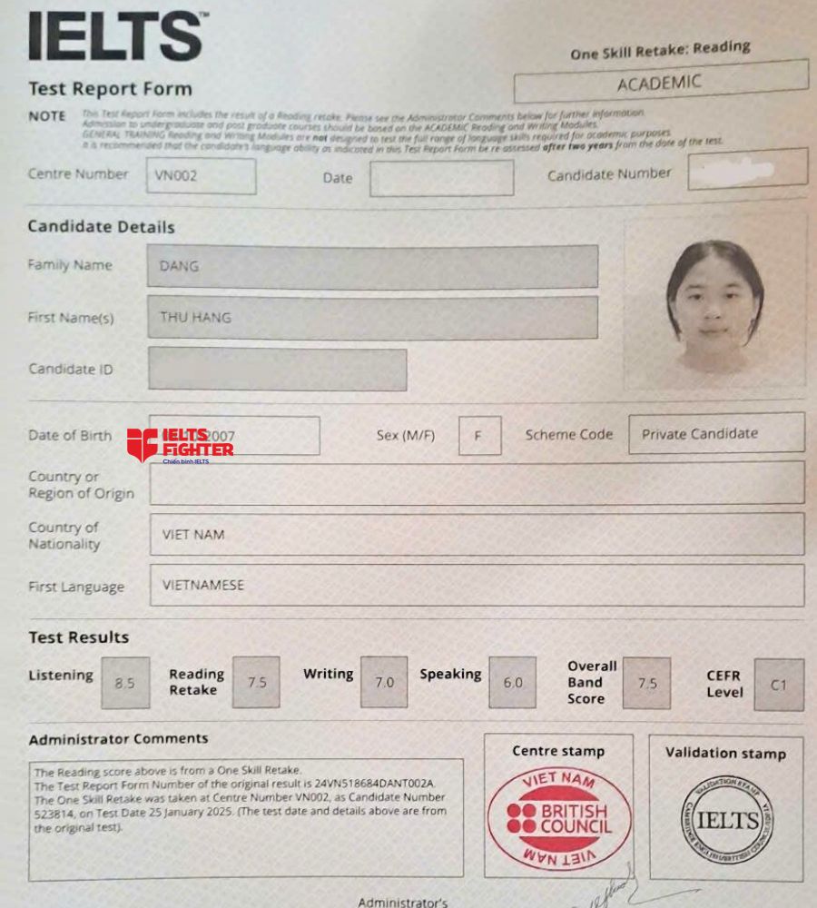 Chứng chỉ Đặng Thu Hằng  7.5 IELTS