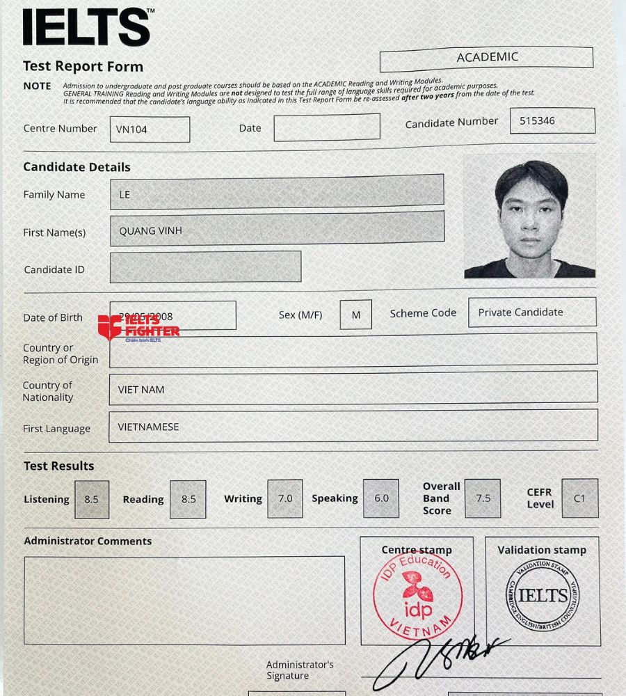 Chứng chỉ L&ecirc; Quang Vinh 7.5 IELTS