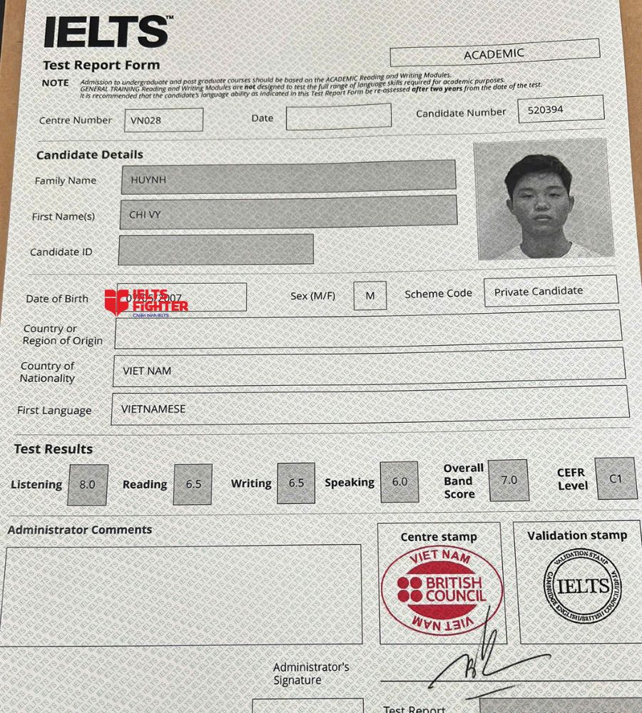 Chứng chỉ Huỳnh Ch&iacute; Vỹ  7.0 IELTS'
