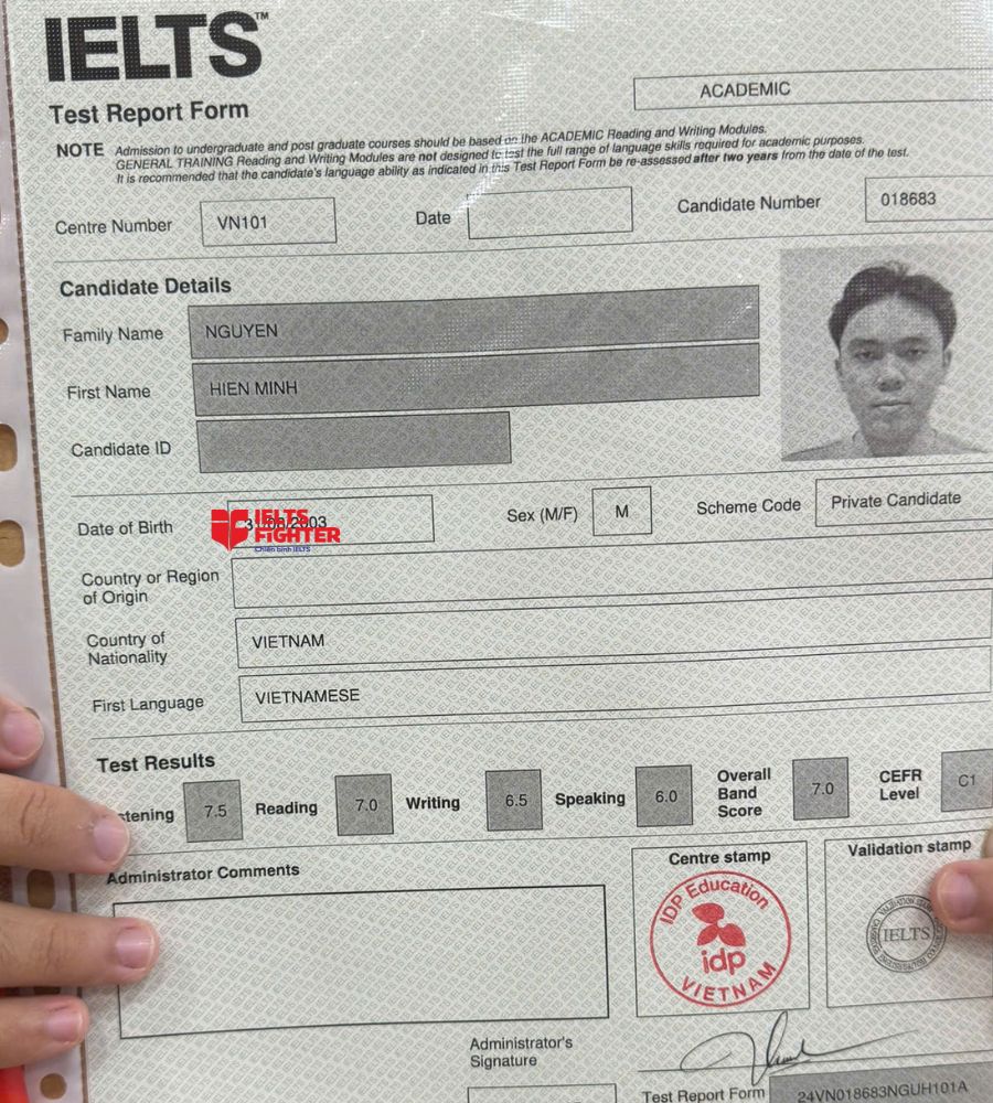 Chứng chỉ Nguyễn Hiền Minh 7.0 IELTS
