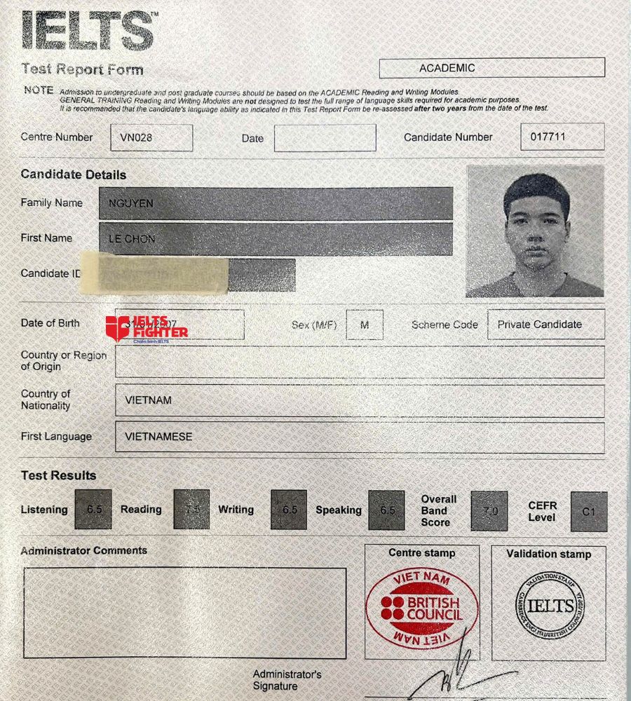 Chứng chỉ Nguyễn L&ecirc; Chon 7.0 IELTS