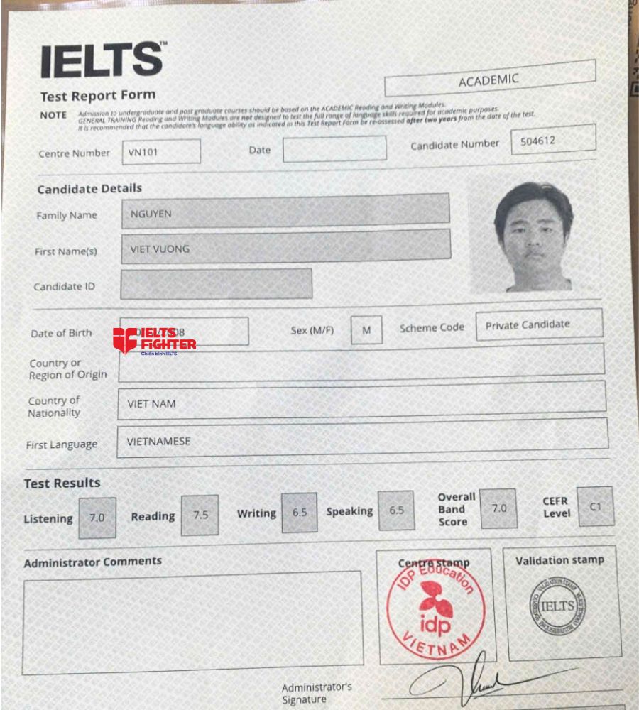 Chứng chỉ Nguyễn Việt Vương 7.0 IELTS