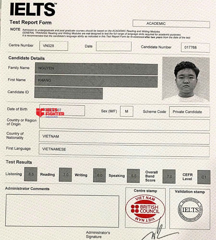 Chứng chỉ Nguyễn Khang 7.0 IELTS