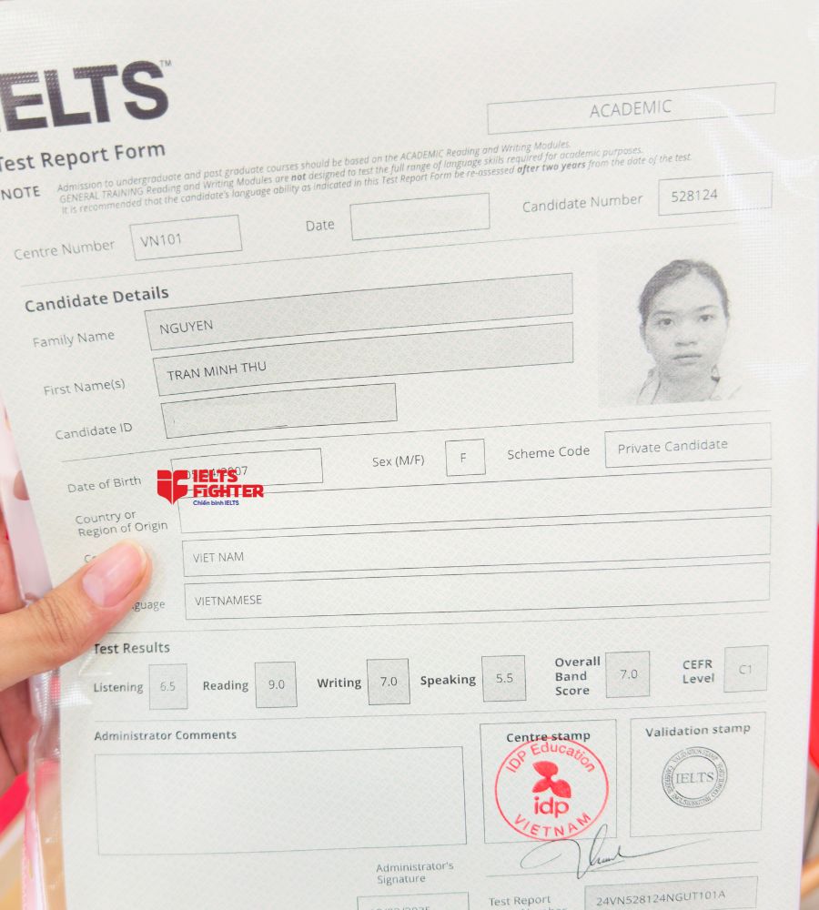 Chứng chỉ Nguyễn Trần Minh Thư 7.0 IELTS