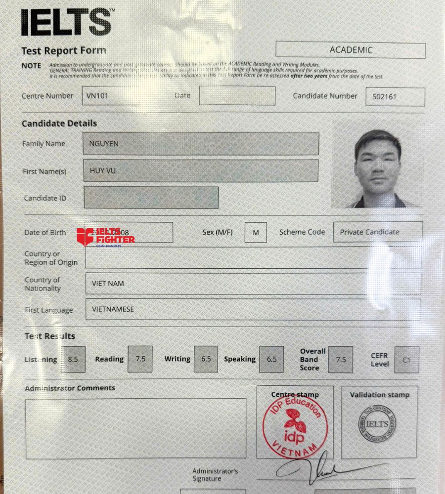 Chứng chỉ Nguyễn Huy Vũ 7.0 IELTS