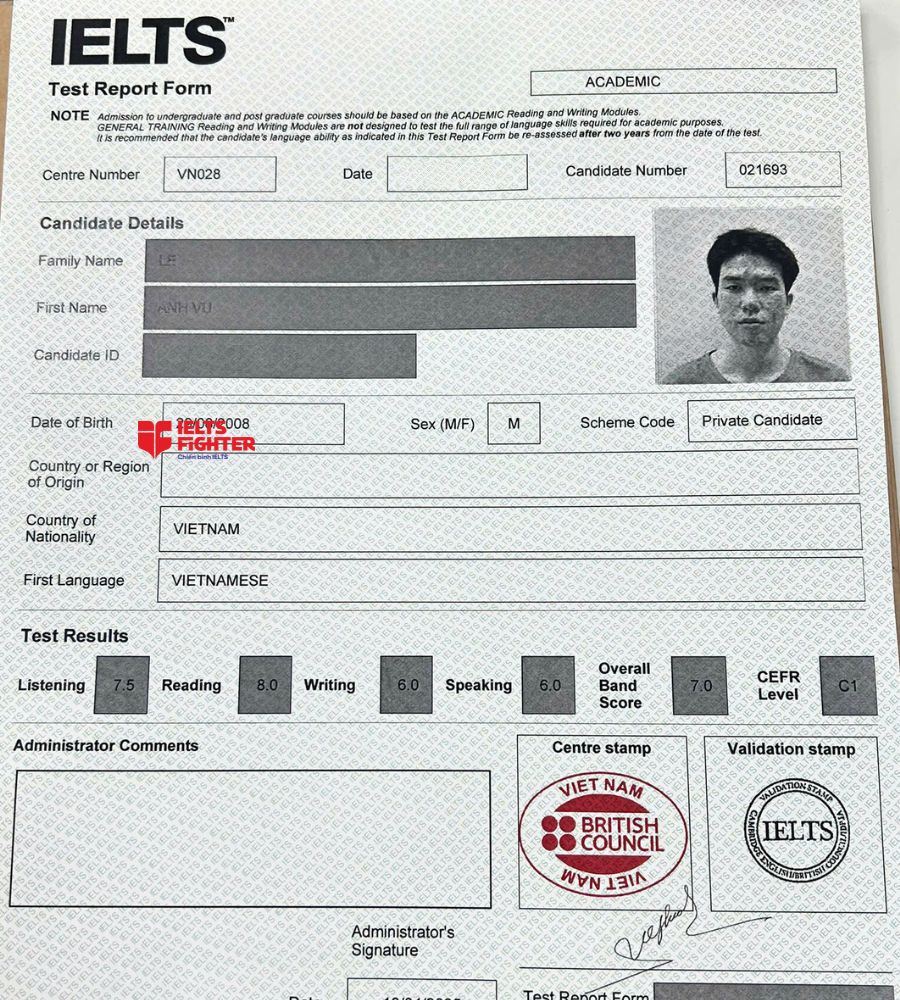 Chứng chỉ L&ecirc; Anh Vũ  7.0 IELTS