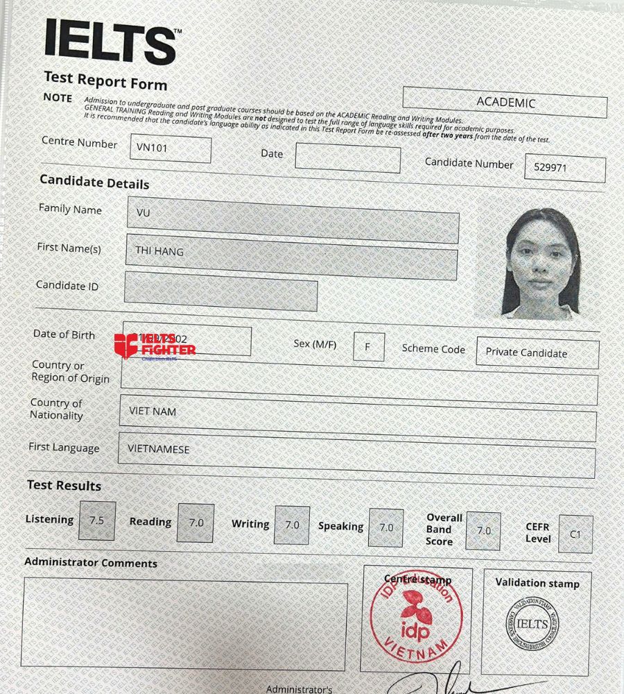Chứng chỉ Vũ Thị Hằng  7.0 IELTS