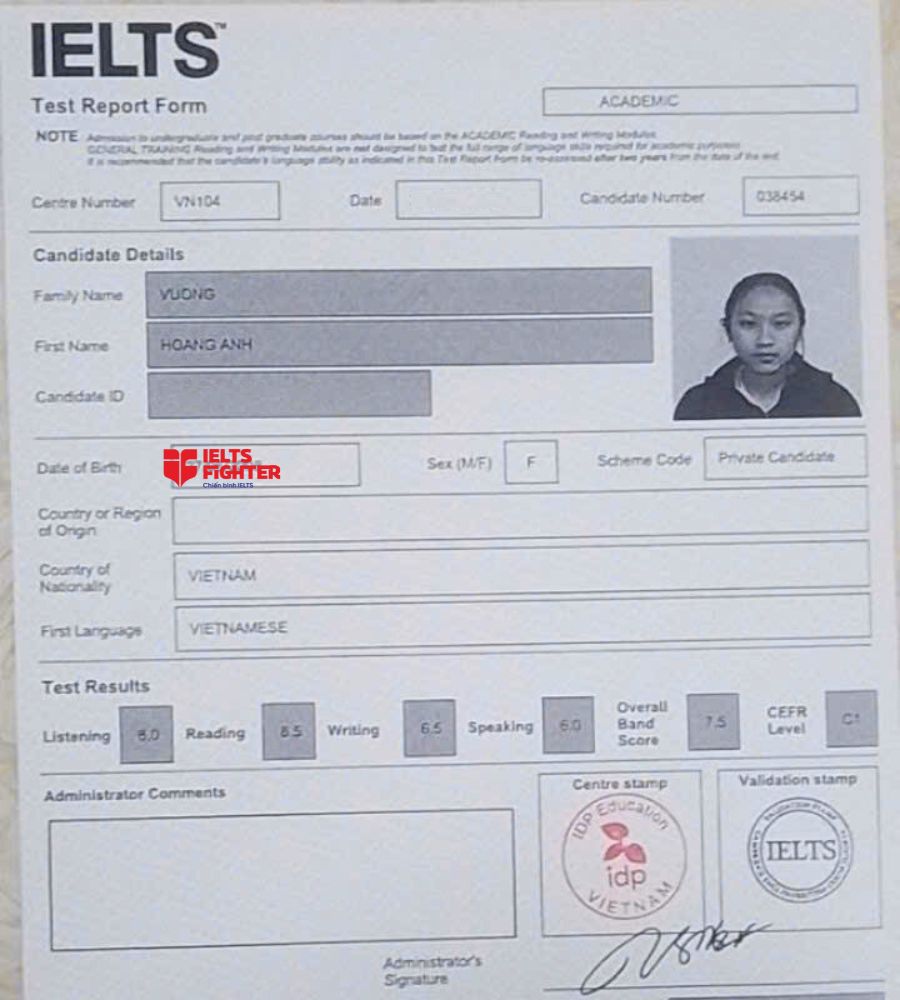 Bảng điểm Vương Ho&agrave;ng Anh  7.5 IELTS