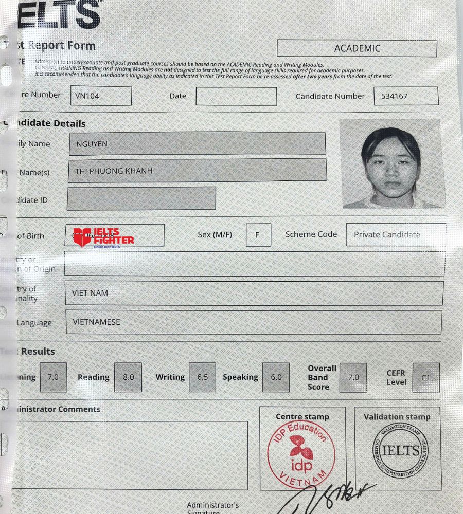 bảng điểm Nguyễn Thị Phương Khanh 7.0 IELTS