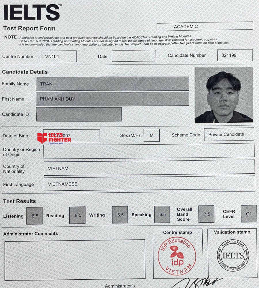 Chứng chỉ Trần Phạm Anh Duy  7.5 IELTS