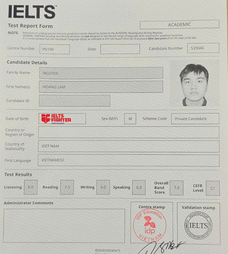 Bảng điểm Nguyễn Ho&agrave;ng L&acirc;m 7.0 IELTS