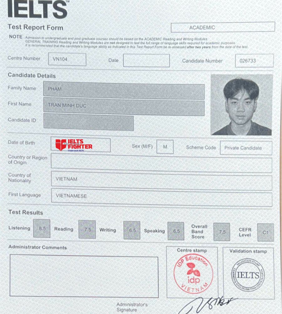 bảng điểm Phạm Trần Minh Đức  7.5 IELTS