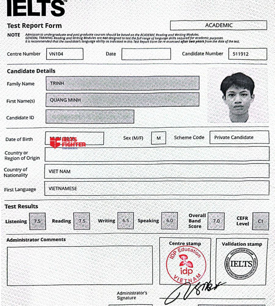 bảng điểm Trịnh Quang Minh 7.0 IELTS
