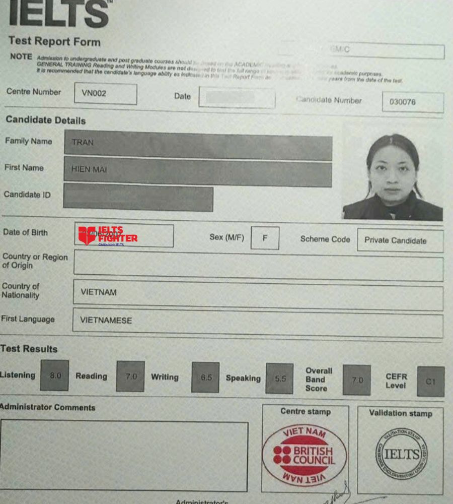 Chứng chỉ Trần Hiền Mai 7.0 IELTS