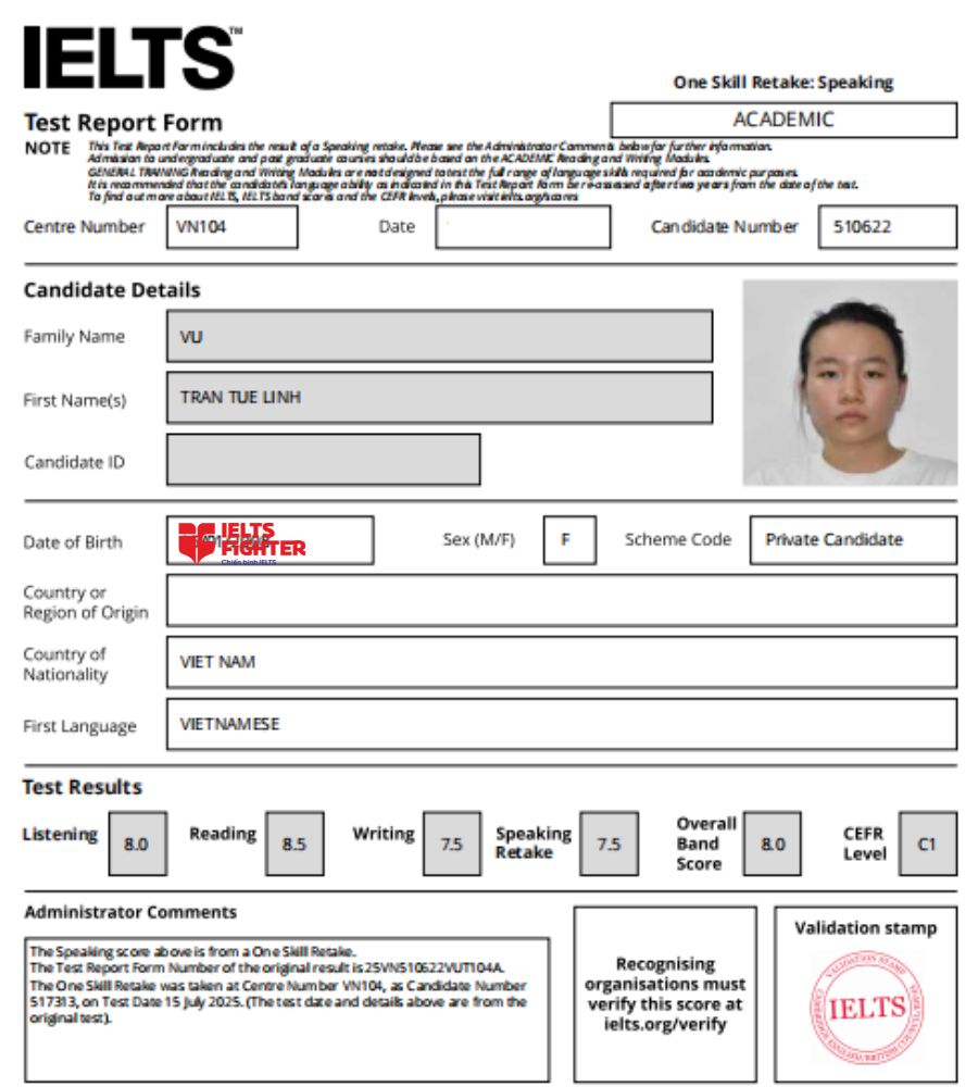 Chứng chỉ Vũ Trần Tuệ Linh 8.0 IELTS