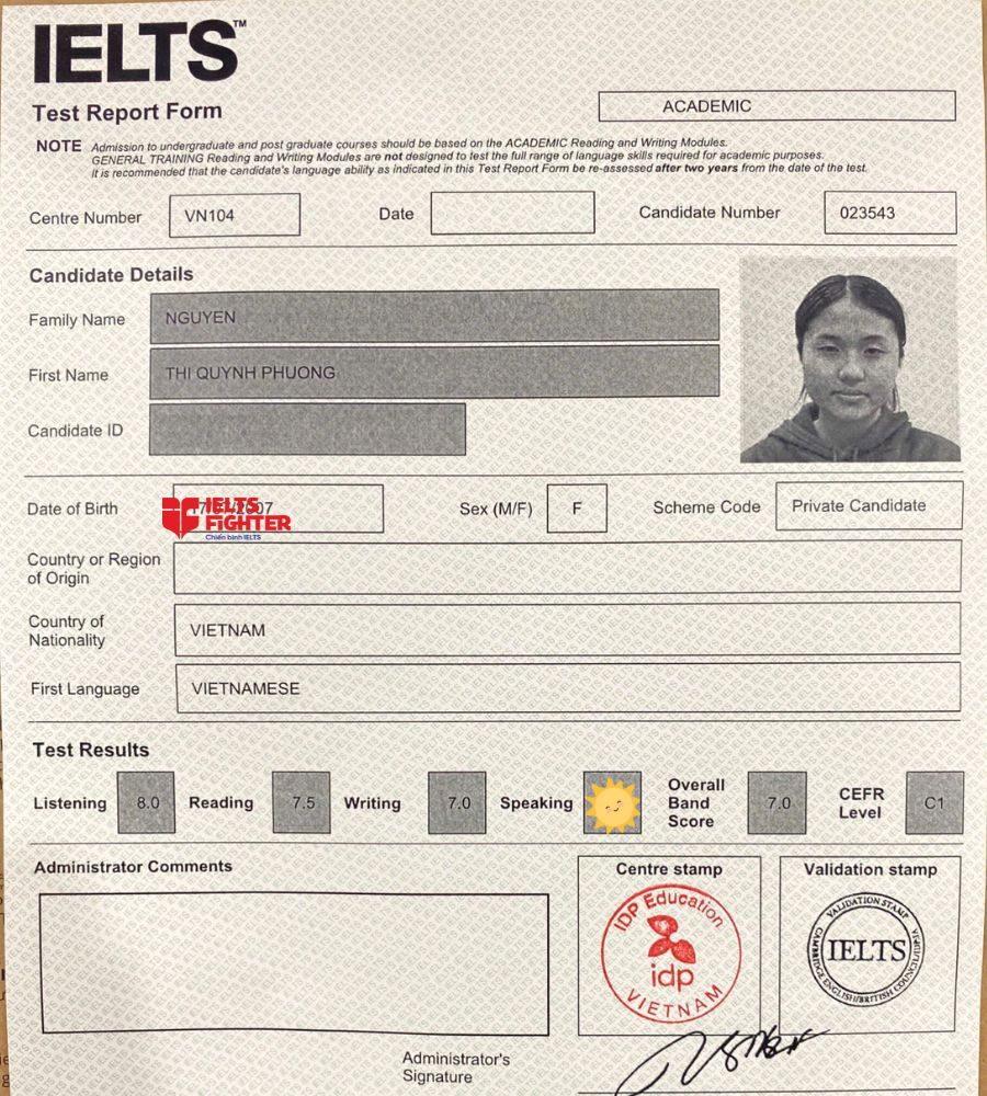 Chứng chỉ Quỳnh Phương 7.0 IELTS
