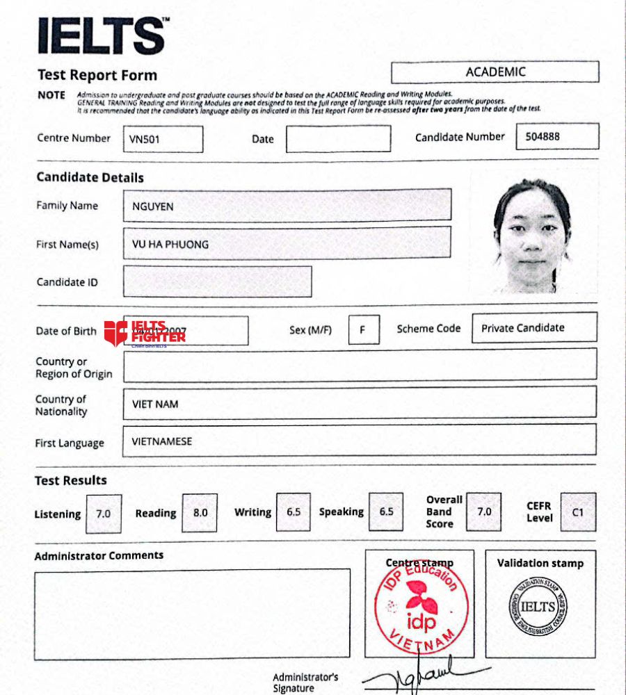 Chứng chỉ Nguyễn Vũ H&agrave; Phương 7.0 IELTS