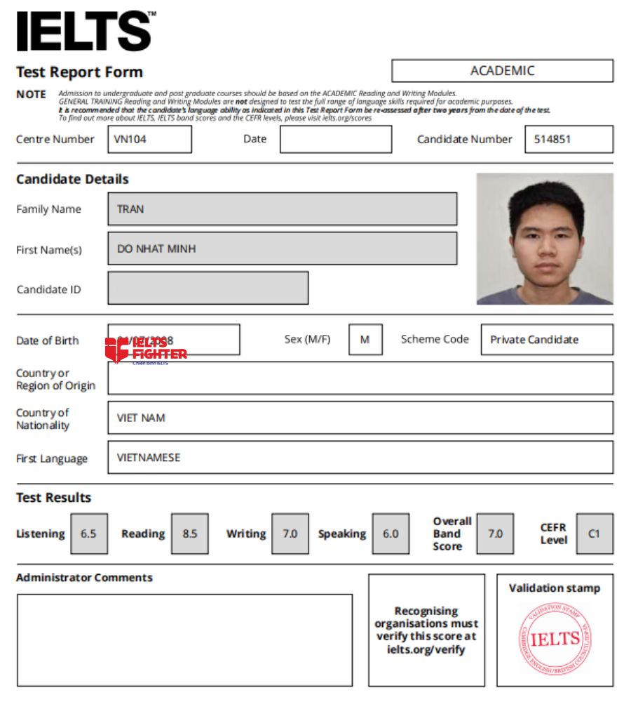 bảng điểm Trần Đỗ Nhật Minh 7.0 IELTS