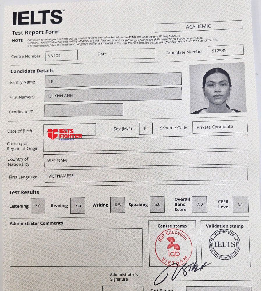 Chứng chỉ L&ecirc; Quỳnh Anh  7.0 IELTS