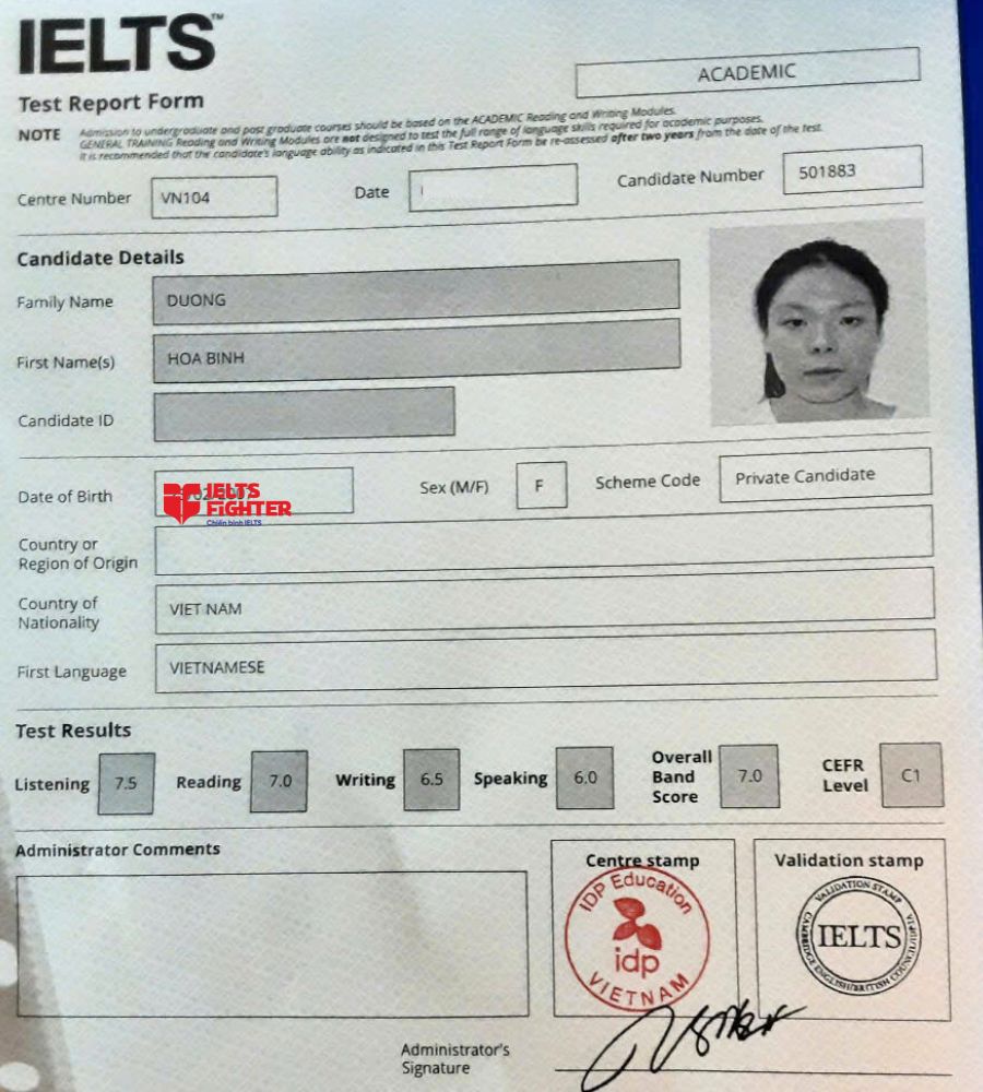 Chứng chỉ Dương H&ograve;a B&igrave;nh 7.0 IELTS