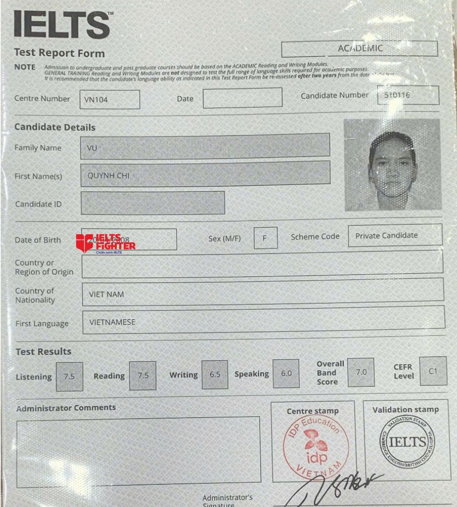 Chứng chỉ Vũ Quỳnh Chi 7.0 IELTS