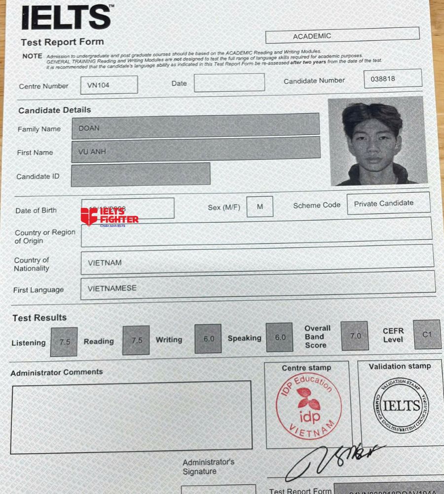 Bảng điểm Đo&agrave;n Vũ Anh  7.0 IELTS