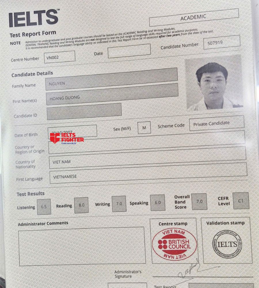 bảng điểm Nguyễn Ho&agrave;ng Dương  7.0 IELTS