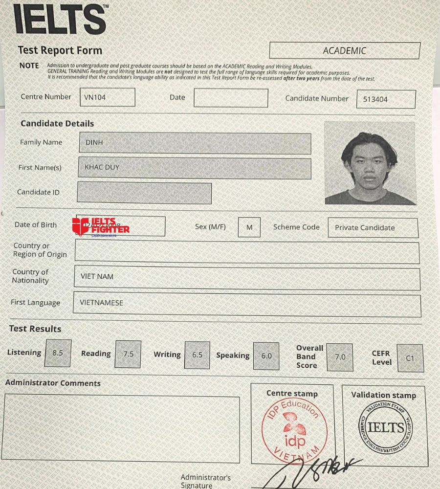 Chứng chỉ Đinh Khắc Duy  7.0 IELTS