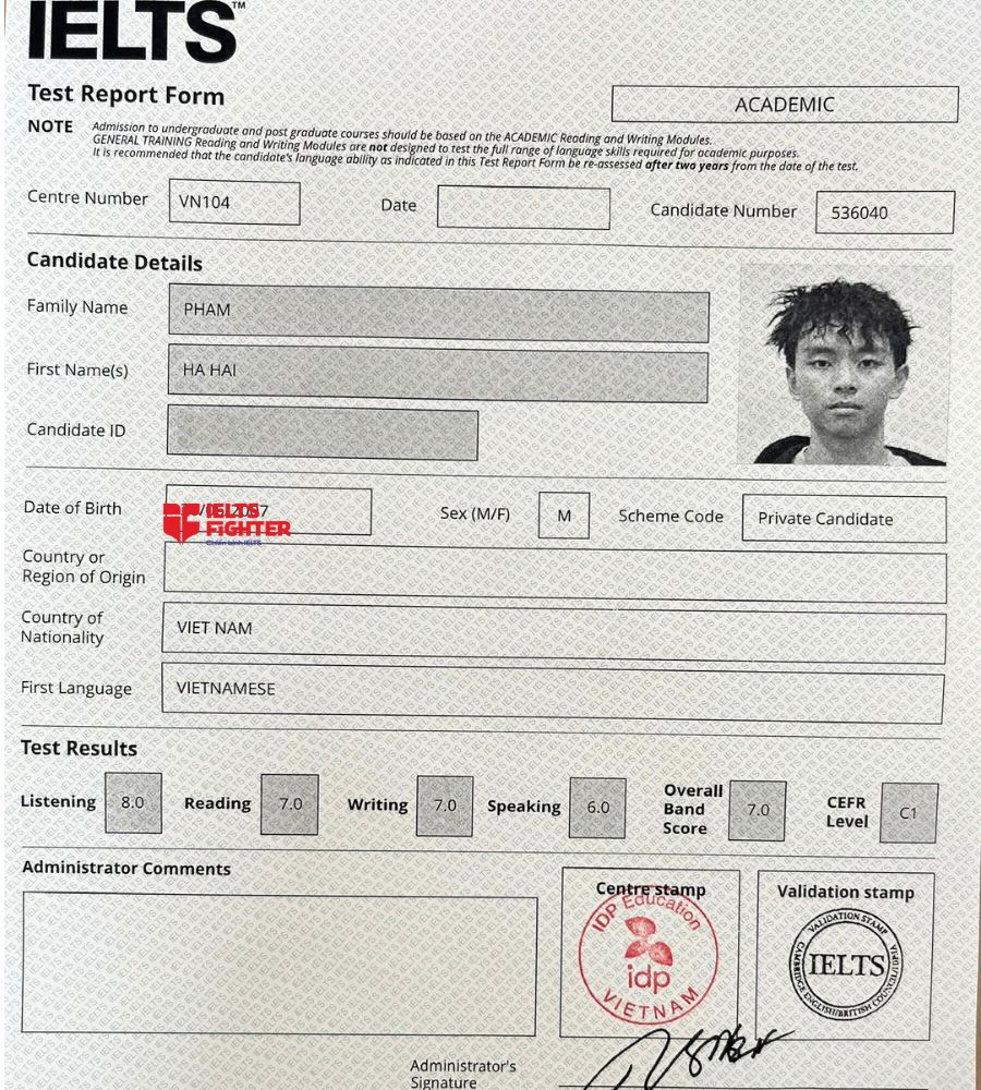 Chứng chỉ Phạm H&agrave; Hải  7.0 IELTS