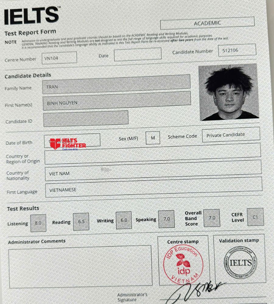 bằng Trần B&igrave;nh Nguy&ecirc;n 7.0 IELTS