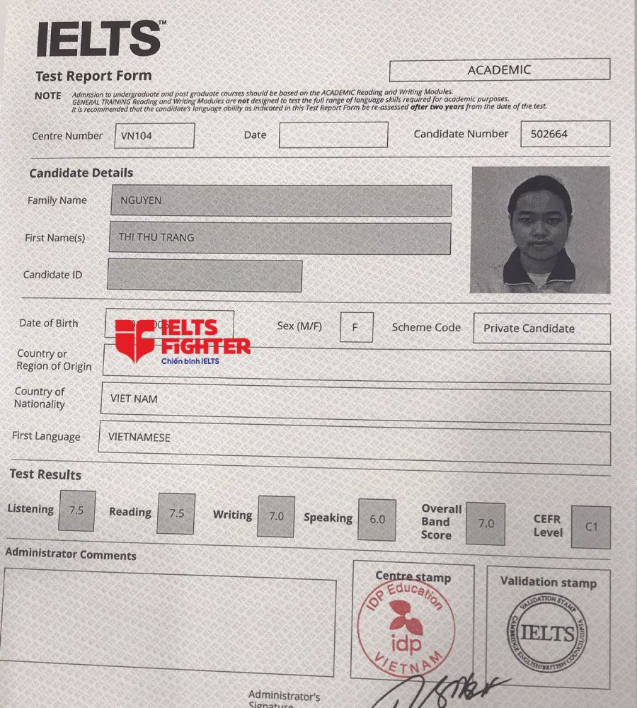 bảng điểm nguyễn thị thu trang 7.0 IELTS