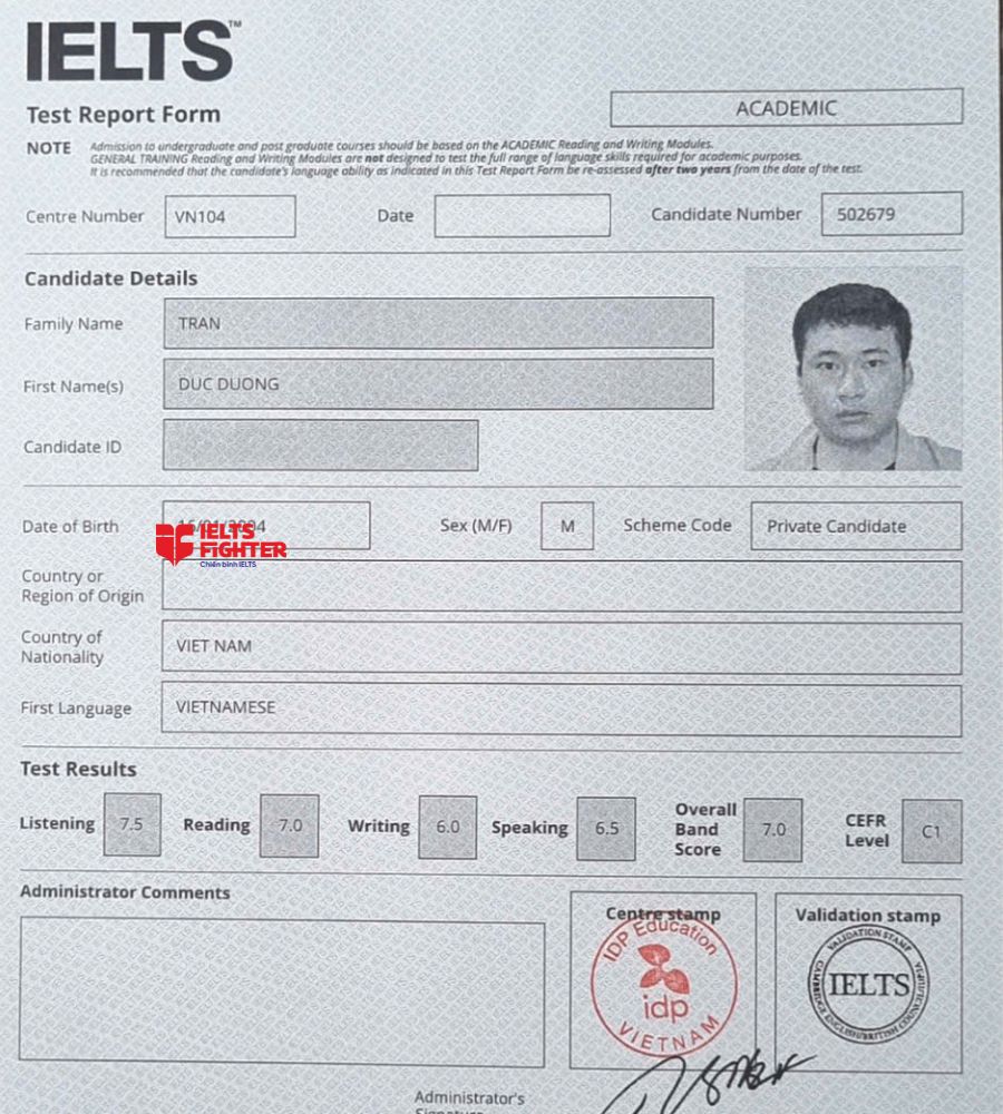 bằng Trần Đức Dương 7.0 IELTS
