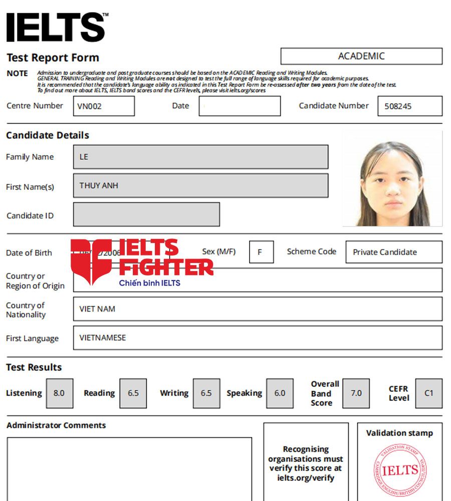 bảng điểm Th&ugrave;y Anh 7.0 IELTS