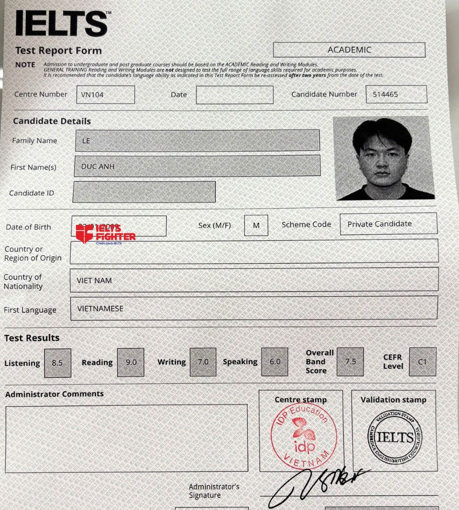 bằng L&ecirc; Đức Anh 7.5 IELTS