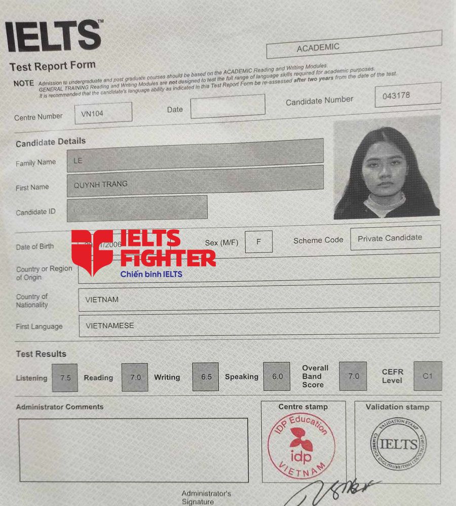 bảng điểm Quỳnh Trang 7.0 IELTS