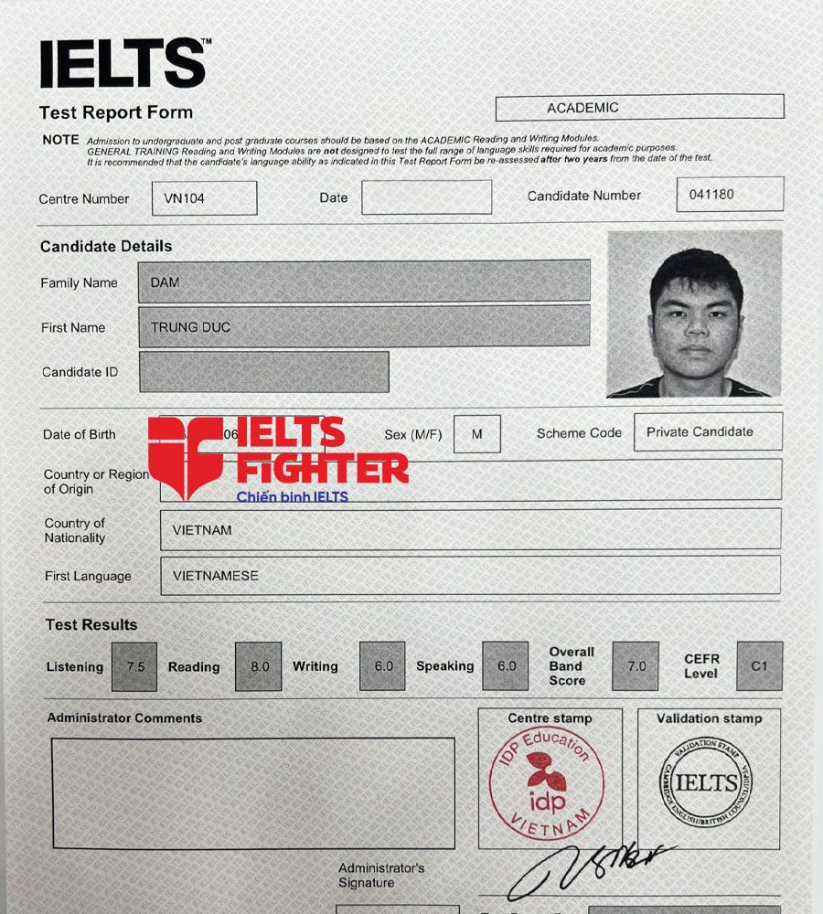 bảng điểm Trung Đức 7.0 IELTS