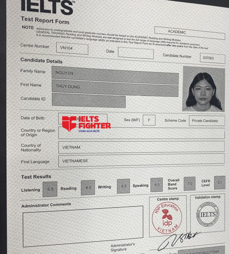 bảng điểm Nguyễn th&ugrave;y dung 7.0 IELTS