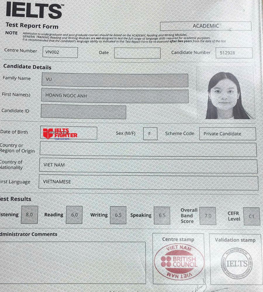 bằng Vũ Ho&agrave;ng Ngọc &Aacute;nh  7.0 IELTS