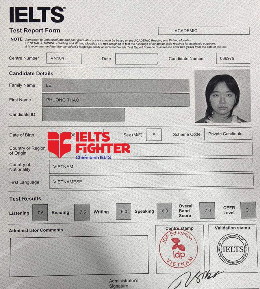 bảng điểm Phương Thảo 7.0 IELTS