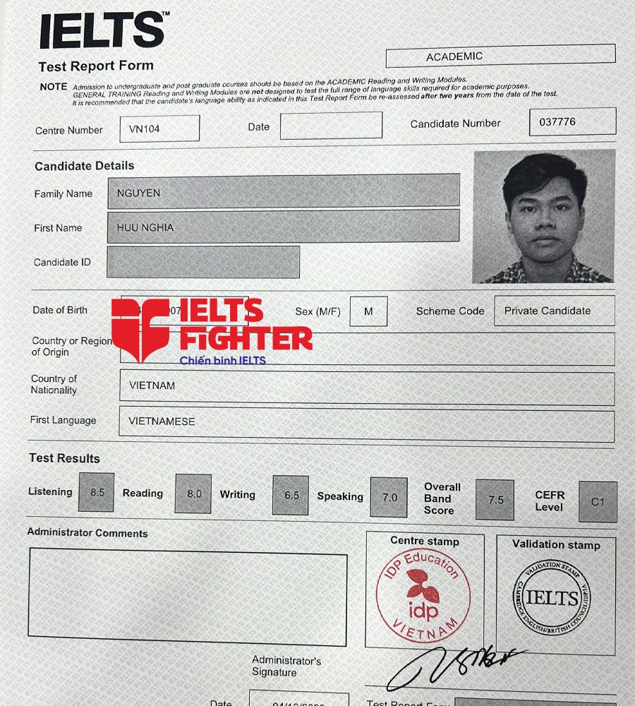 bảng điểm Hữu nghĩa 7.5 IELTS